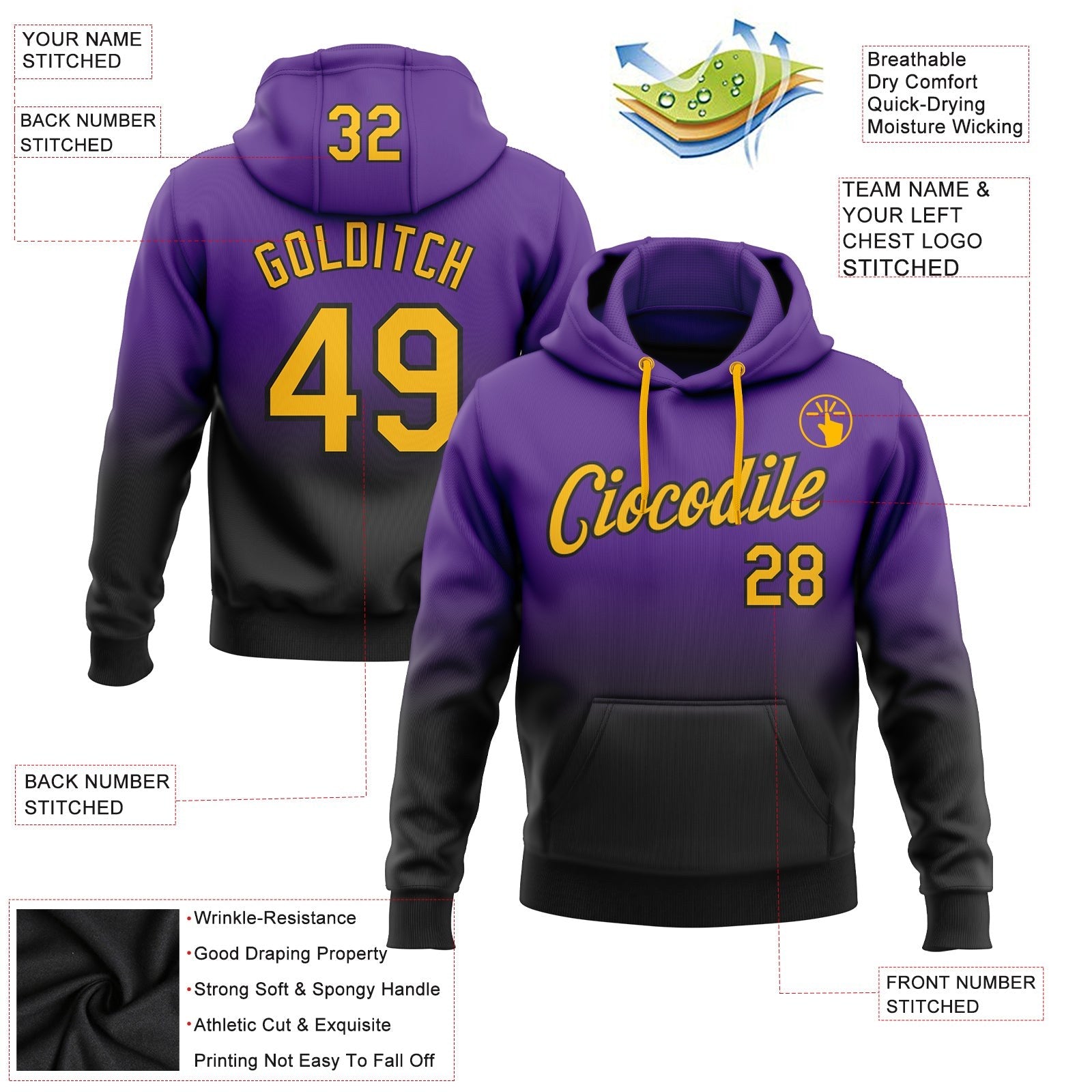 Custom Stitched Purple Gold-Black Fade Fashion Sports Pullover Sweatshirt Hoodie photo 2