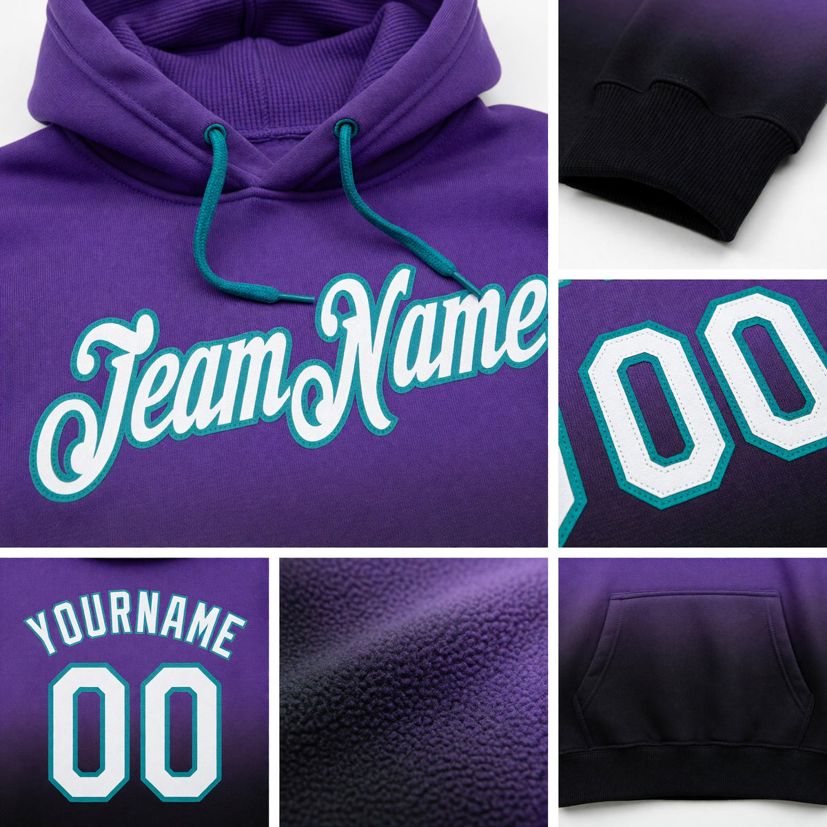Custom Stitched Purple White Black-Teal Fade Fashion Sports Pullover Sweatshirt Hoodie detail