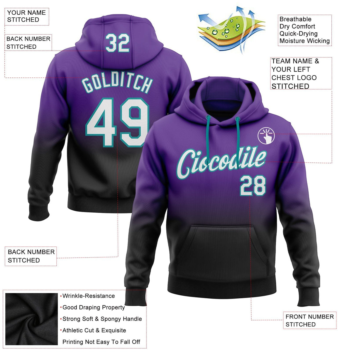 Custom Stitched Purple White Black-Teal Fade Fashion Sports Pullover Sweatshirt Hoodie photo 2
