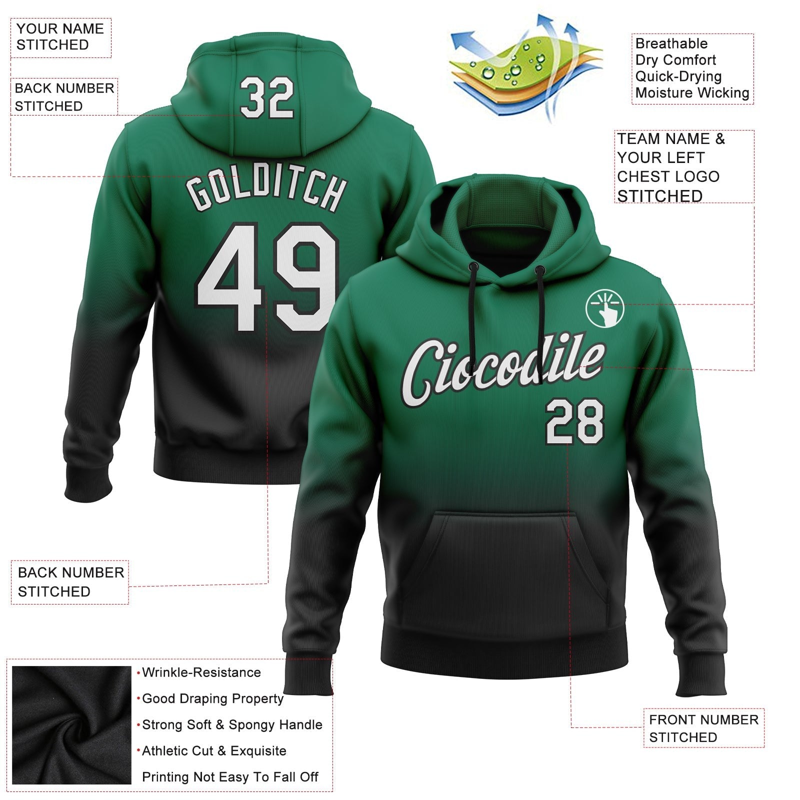 Custom Stitched Kelly Green White-Black Fade Fashion Sports Pullover Sweatshirt Hoodie photo 2