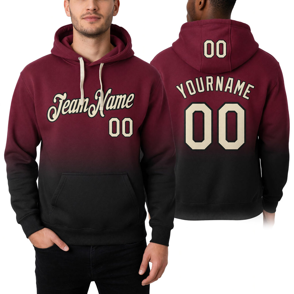 Custom Stitched Crimson Cream-Black Fade Fashion Sports Pullover Sweatshirt Hoodie worn front and back