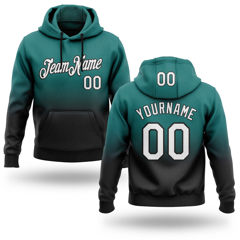 Custom Stitched Teal White-Black Fade Fashion Sports Pullover Sweatshirt Hoodie