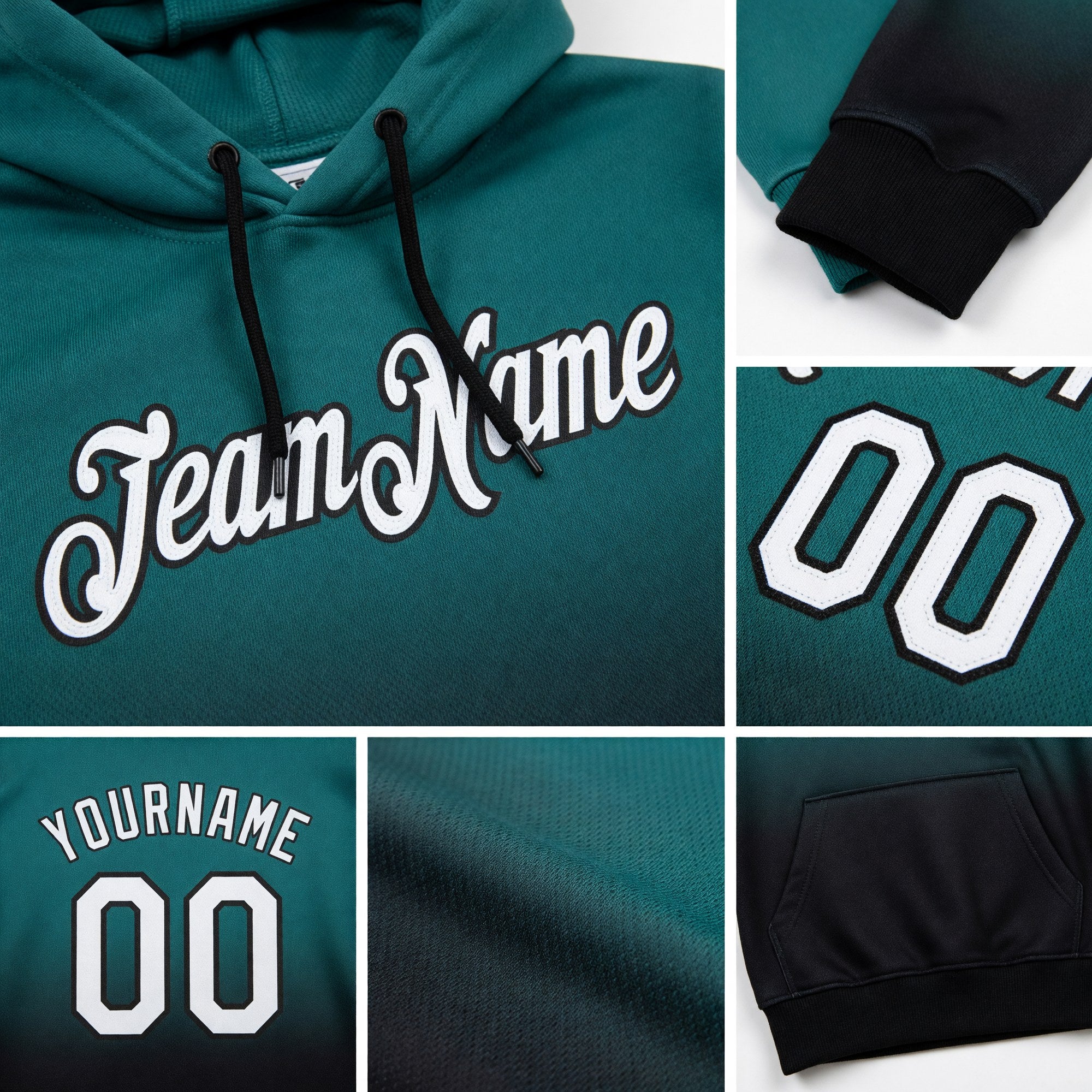 Custom Stitched Teal White-Black Fade Fashion Sports Pullover Sweatshirt Hoodie detail