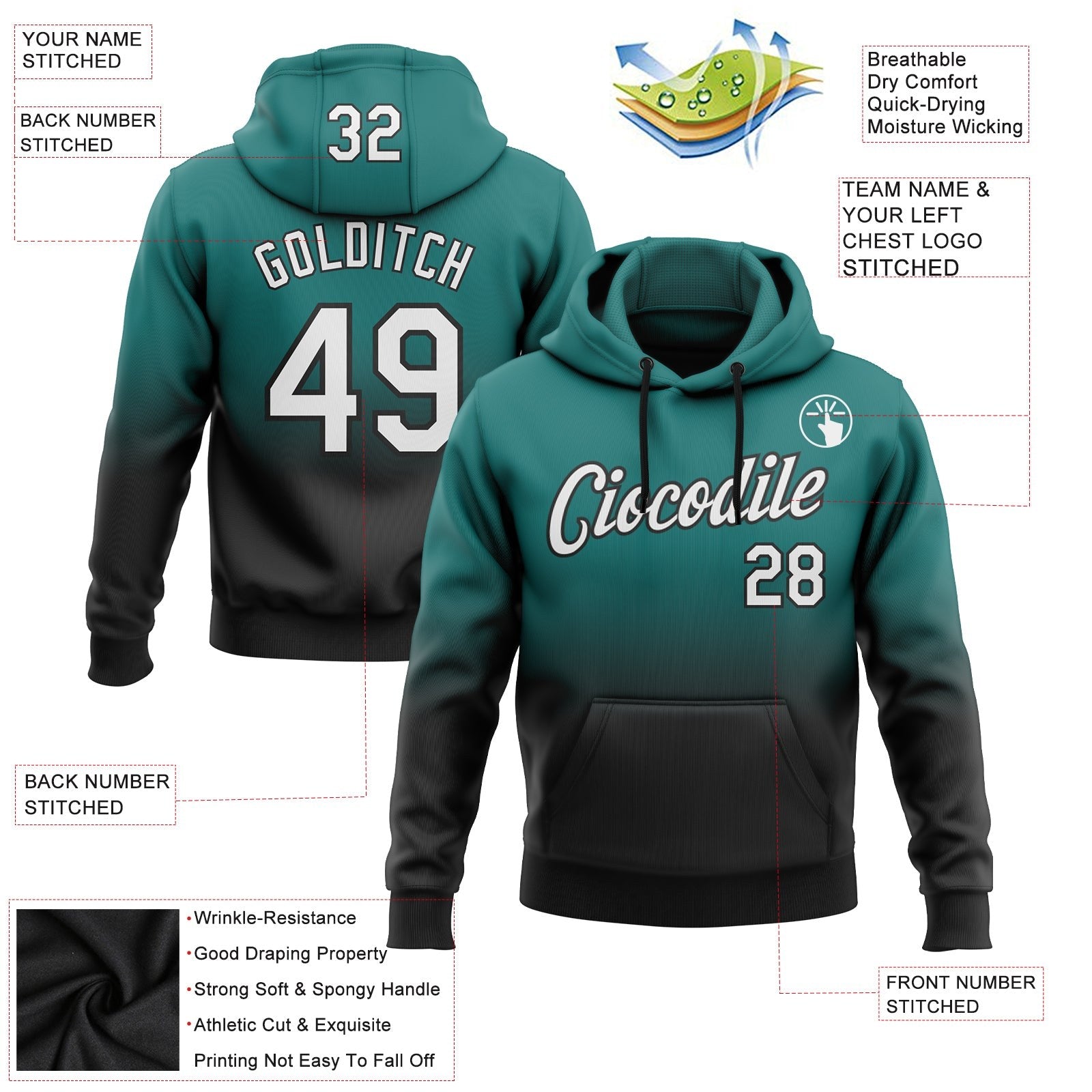 Custom Stitched Teal White-Black Fade Fashion Sports Pullover Sweatshirt Hoodie photo 3