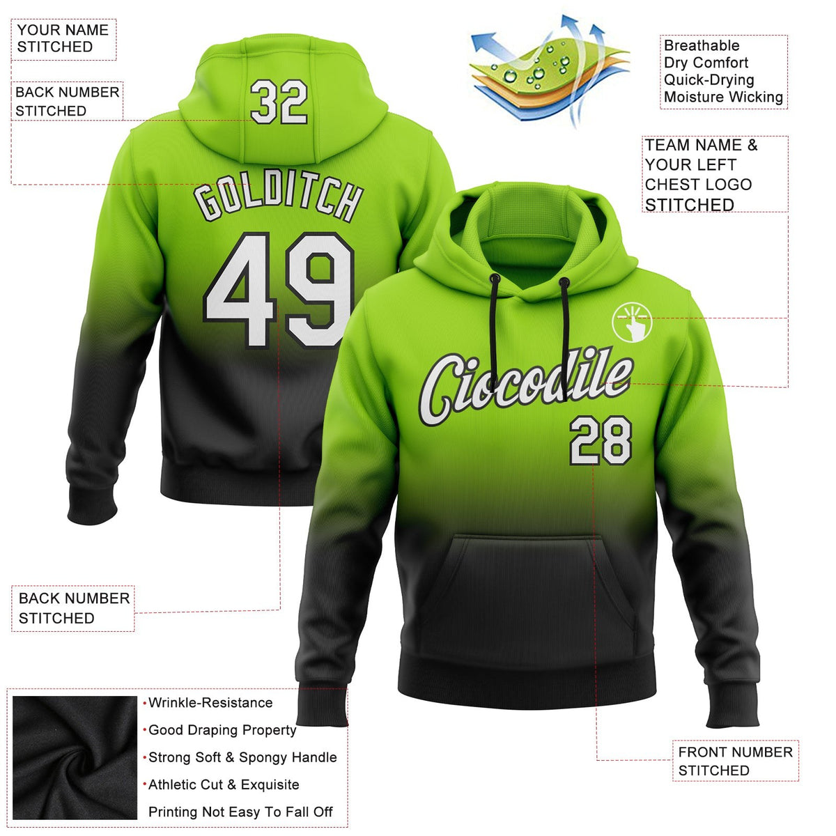 Custom Stitched Neon Green White-Black Fade Fashion Sports Pullover Sweatshirt Hoodie photo 2