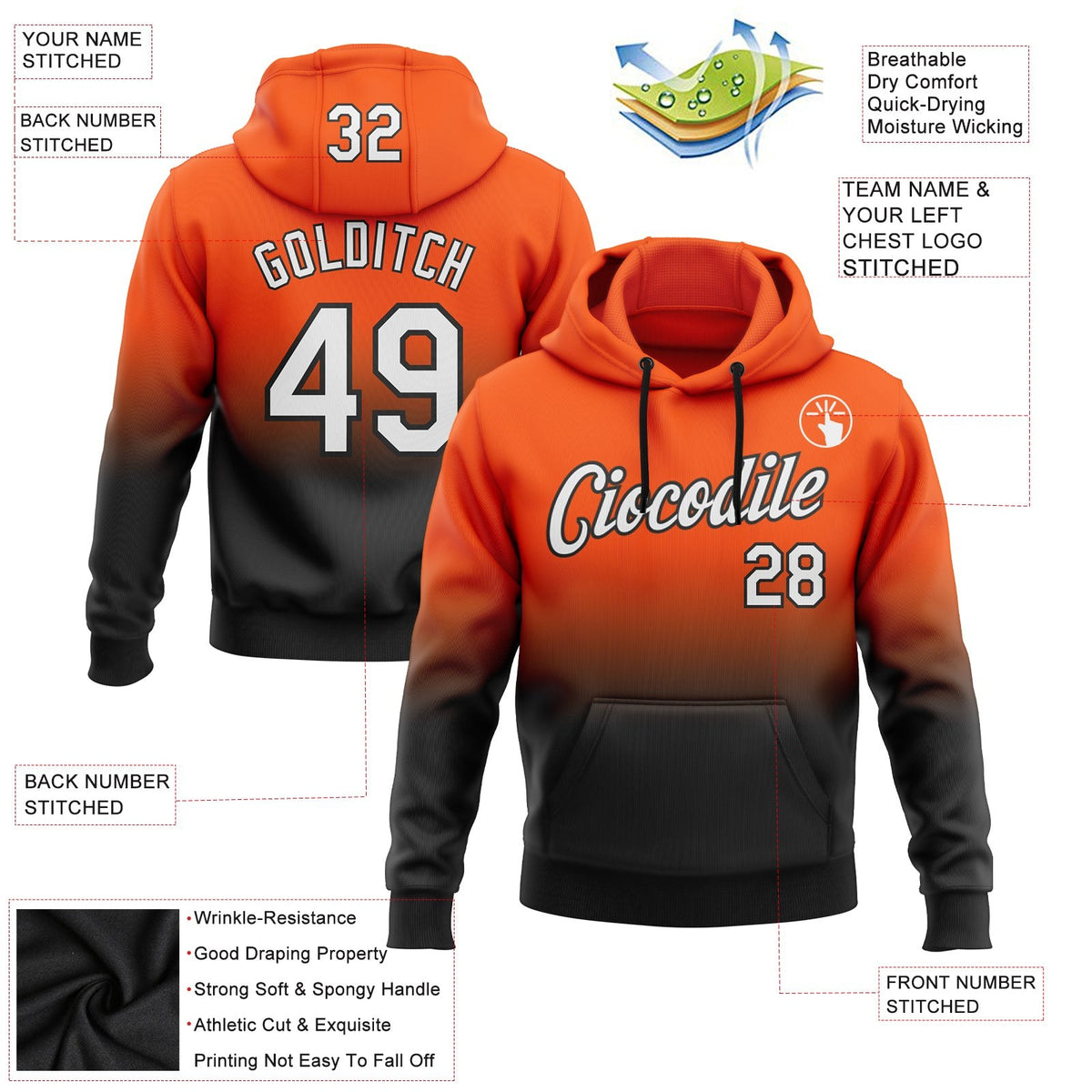 Custom Stitched Orange White-Black Fade Fashion Sports Pullover Sweatshirt Hoodie photo 2