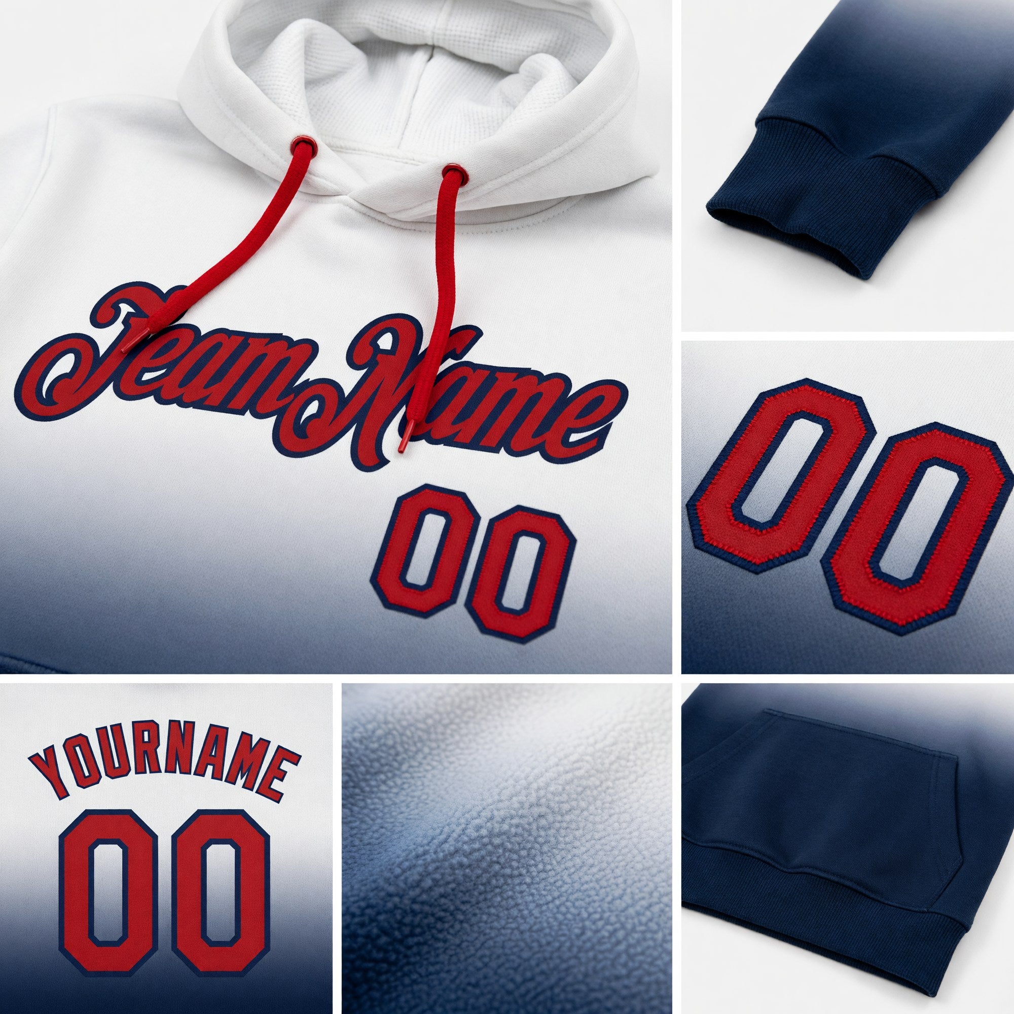 Custom Stitched White Red-Navy Fade Fashion Sports Pullover Sweatshirt Hoodie detail