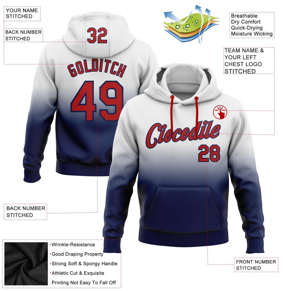 Custom Stitched White Red-Navy Fade Fashion Sports Pullover Sweatshirt Hoodie photo 2