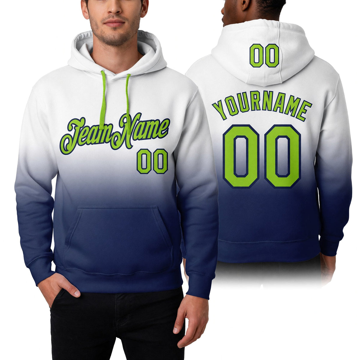 Custom Stitched White Neon Green-Navy Fade Fashion Sports Pullover Sweatshirt Hoodie worn front and back