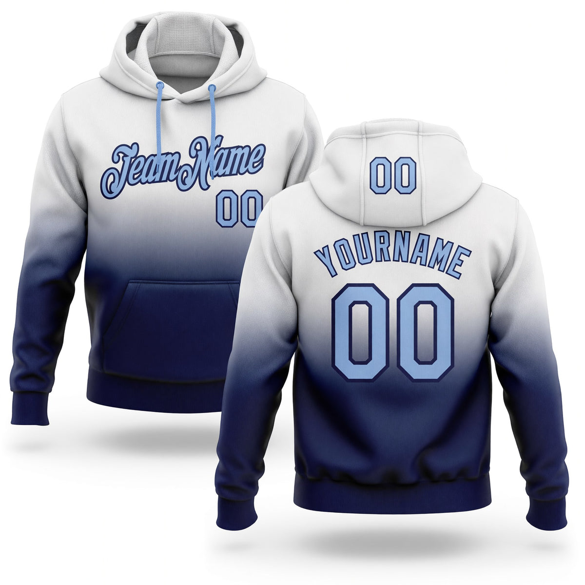 Custom Stitched White Light Blue-Navy Fade Fashion Sports Pullover Sweatshirt Hoodie