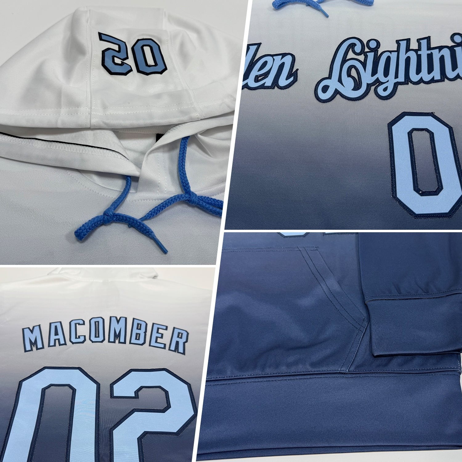 Custom Stitched White Light Blue-Navy Fade Fashion Sports Pullover Sweatshirt Hoodie photo 2