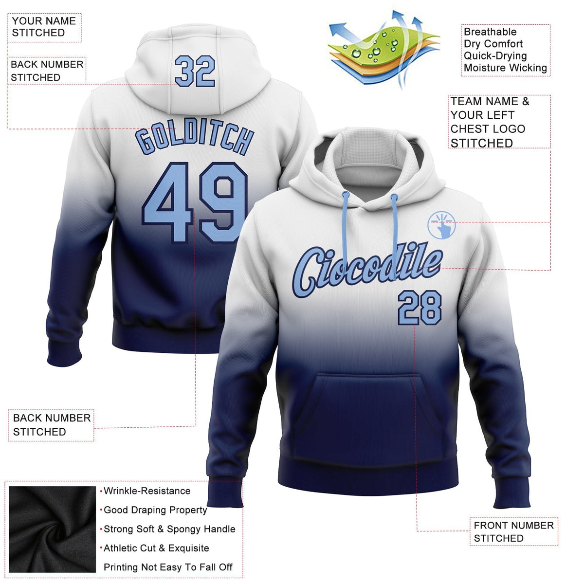 Custom Stitched White Light Blue-Navy Fade Fashion Sports Pullover Sweatshirt Hoodie photo 3