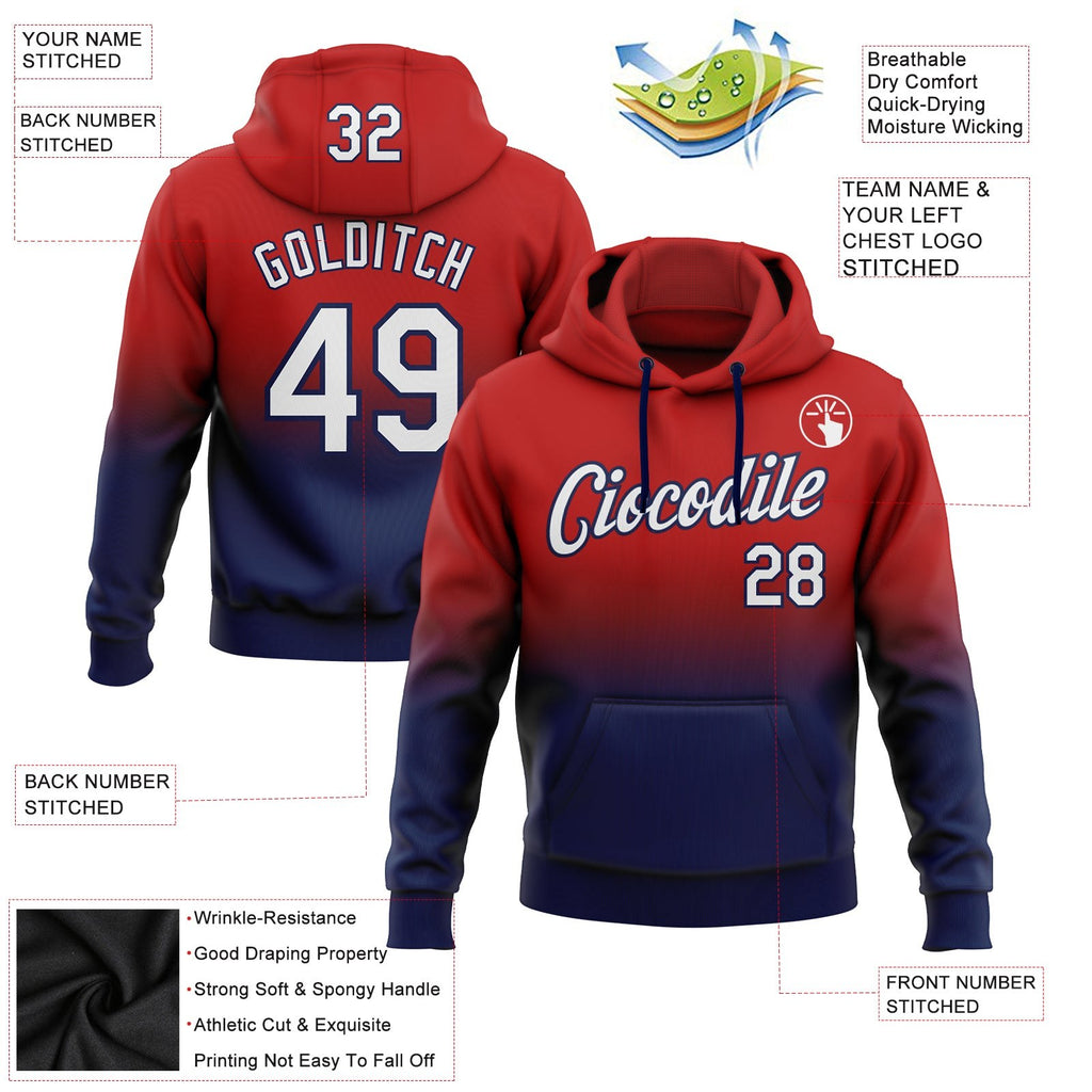 Custom Stitched Red White-Navy Fade Fashion Sports Pullover Sweatshirt Hoodie photo 2