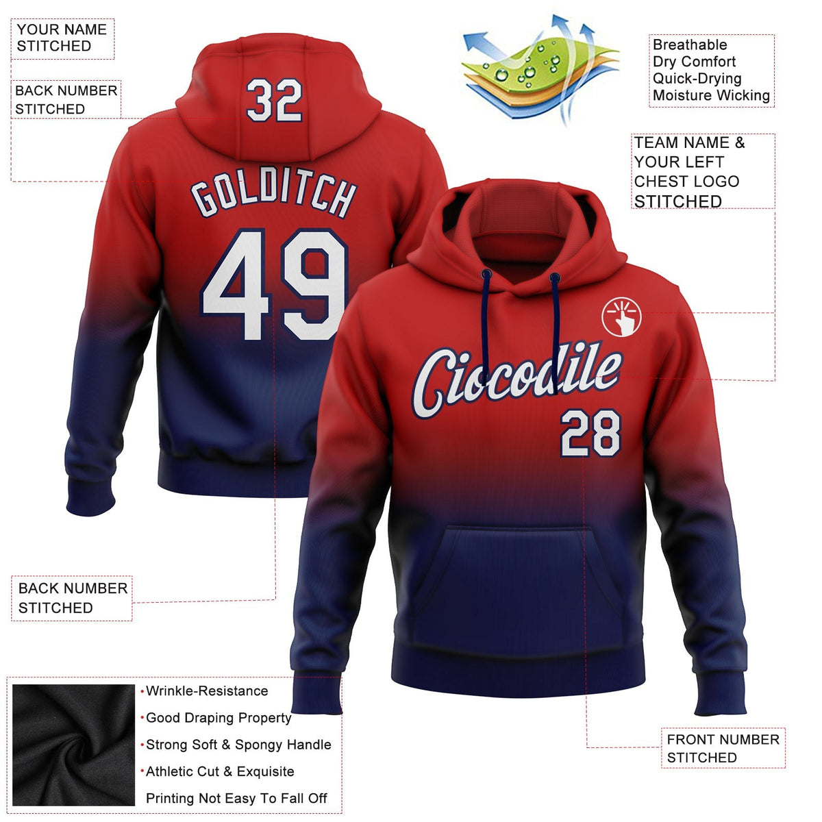Custom Stitched Red White-Navy Fade Fashion Sports Pullover Sweatshirt Hoodie photo 2