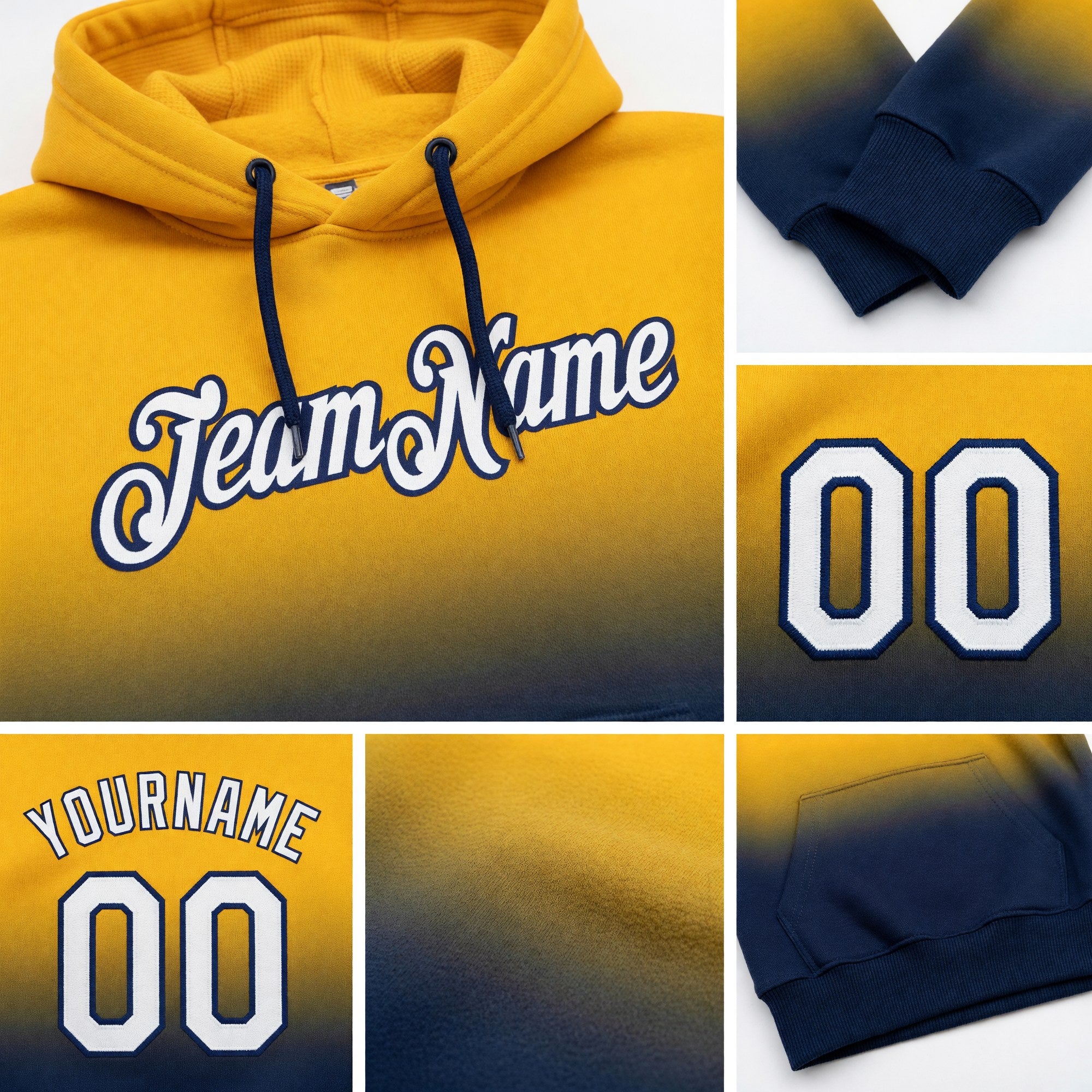 Custom Stitched Gold White-Navy Fade Fashion Sports Pullover Sweatshirt Hoodie detail