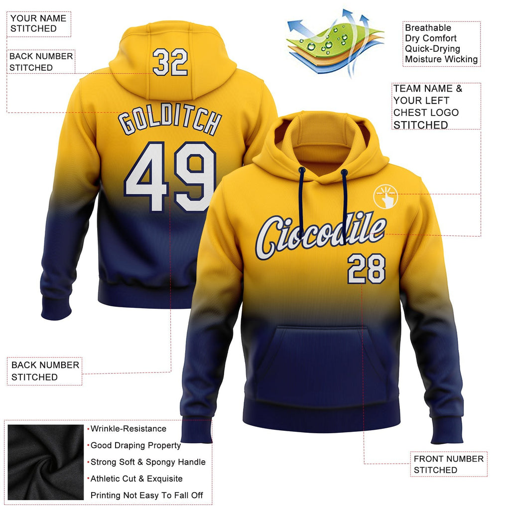 Custom Stitched Gold White-Navy Fade Fashion Sports Pullover Sweatshirt Hoodie photo 2