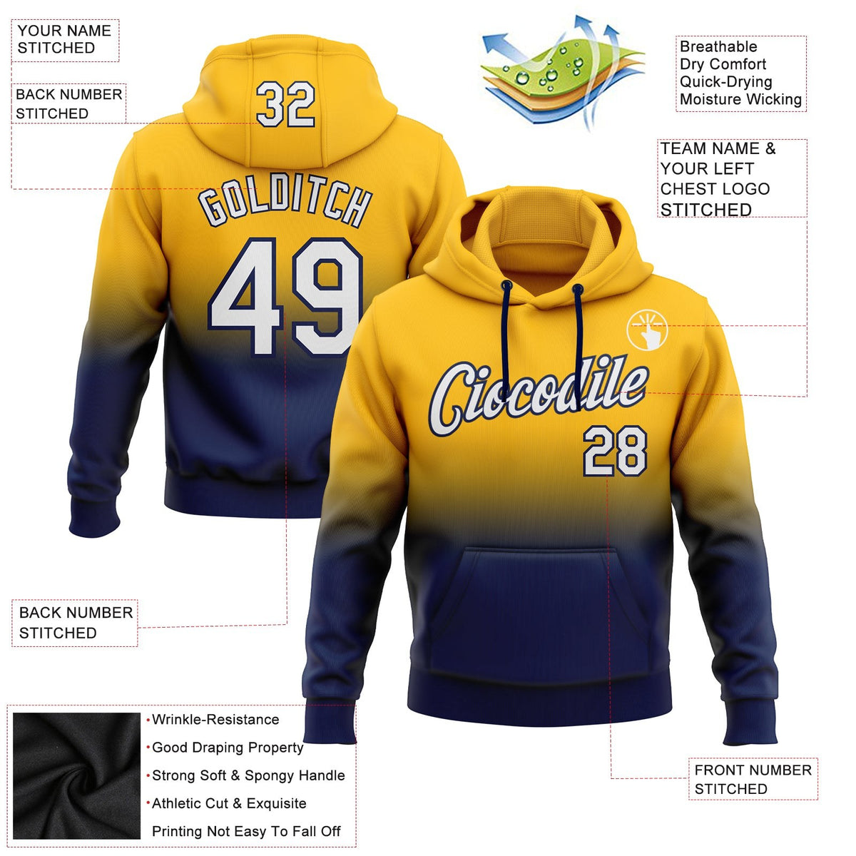 Custom Stitched Gold White-Navy Fade Fashion Sports Pullover Sweatshirt Hoodie photo 2