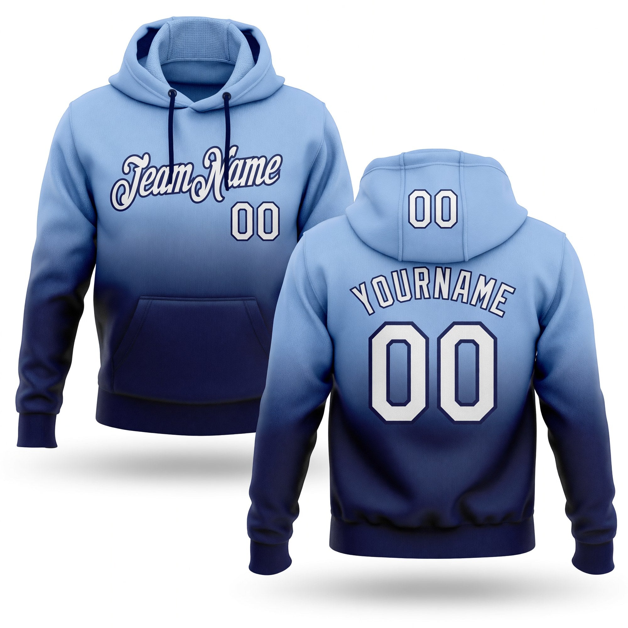 Custom Stitched Light Blue White-Navy Fade Fashion Sports Pullover Sweatshirt Hoodie