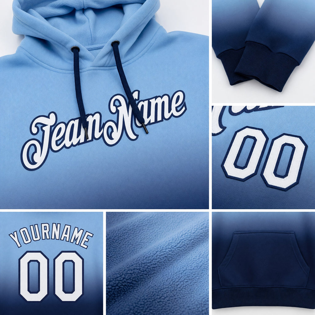 Custom Stitched Light Blue White-Navy Fade Fashion Sports Pullover Sweatshirt Hoodie detail