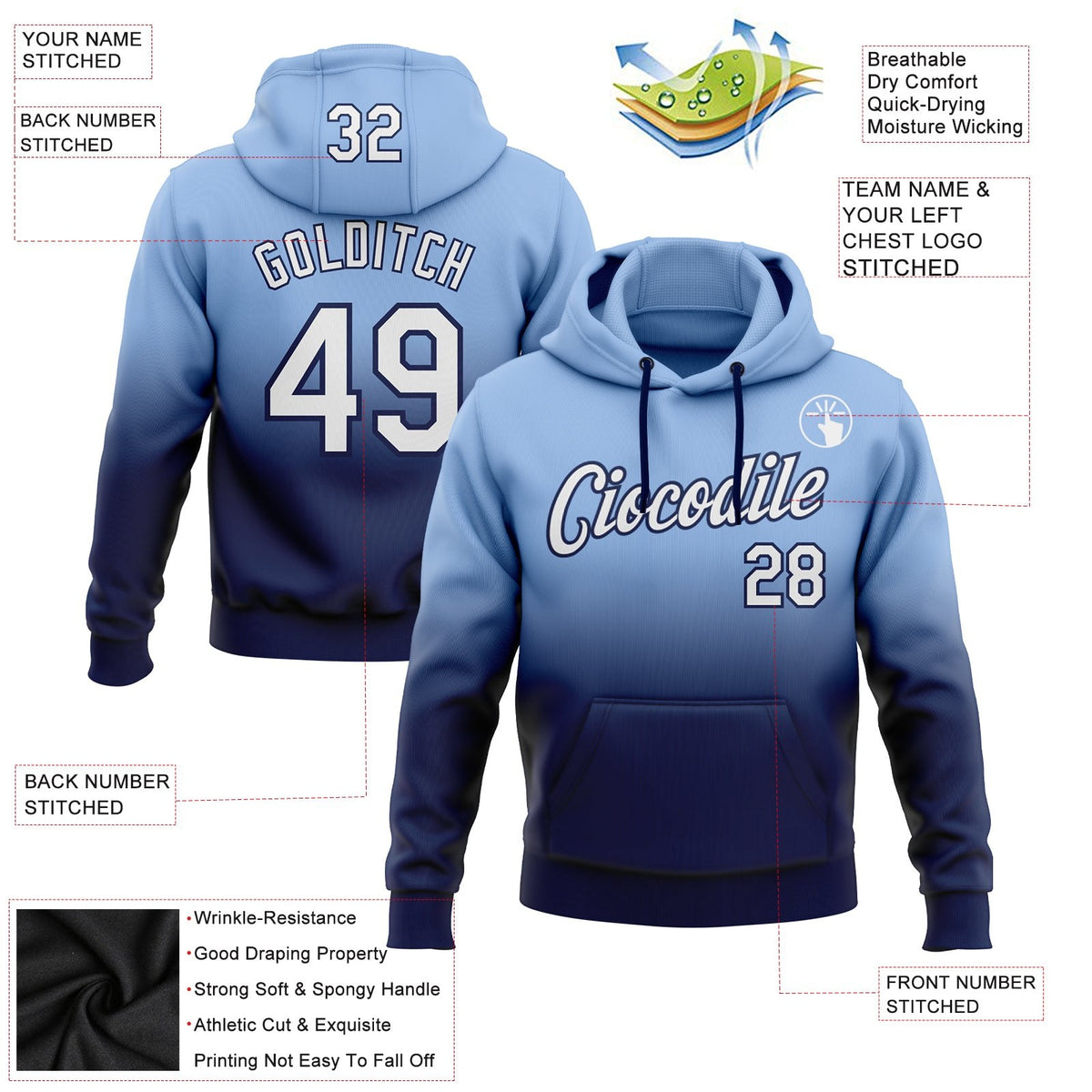 Custom Stitched Light Blue White-Navy Fade Fashion Sports Pullover Sweatshirt Hoodie photo 2