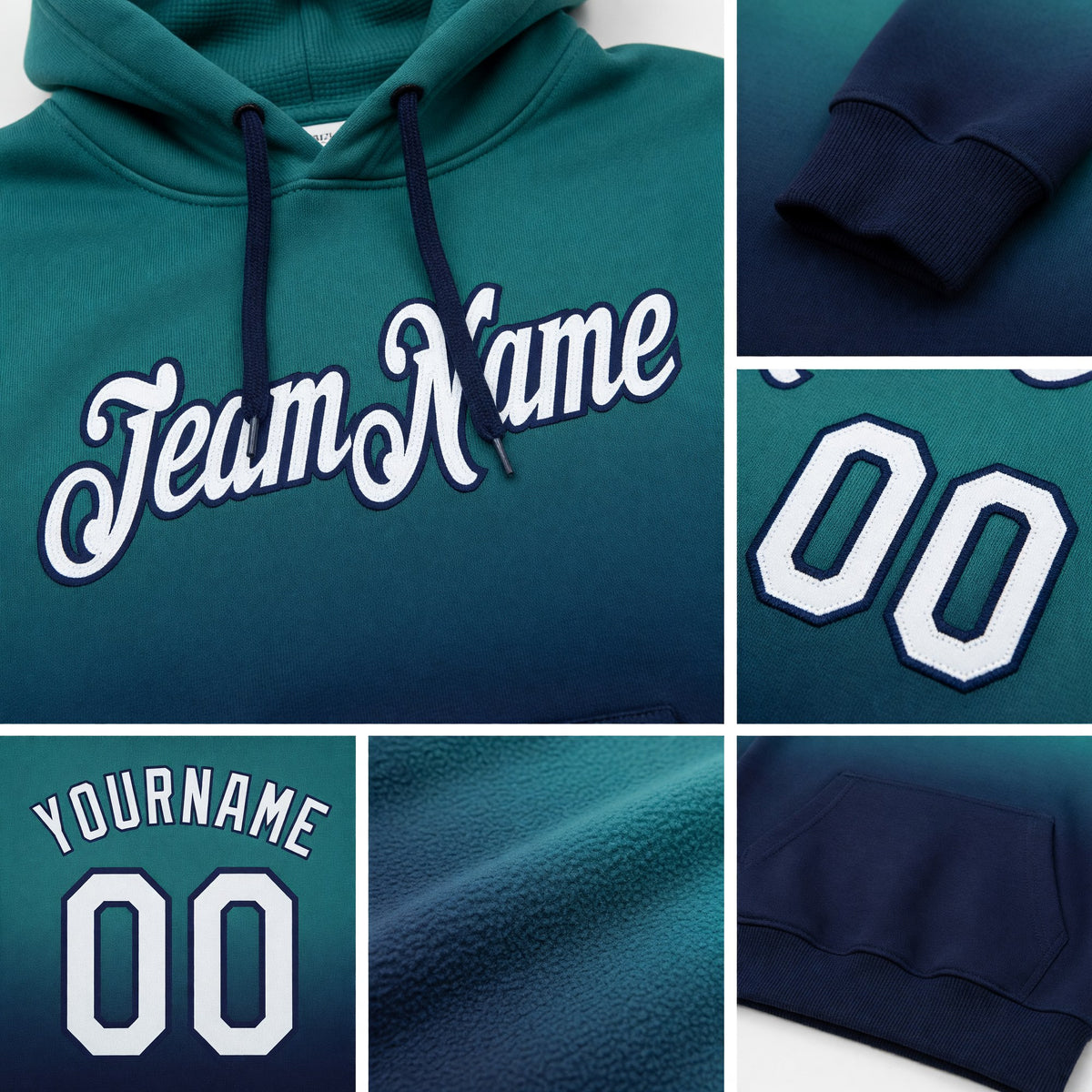 Custom Stitched Teal White-Navy Fade Fashion Sports Pullover Sweatshirt Hoodie detail