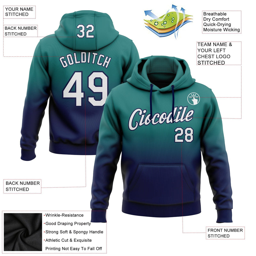 Custom Stitched Teal White-Navy Fade Fashion Sports Pullover Sweatshirt Hoodie photo 2