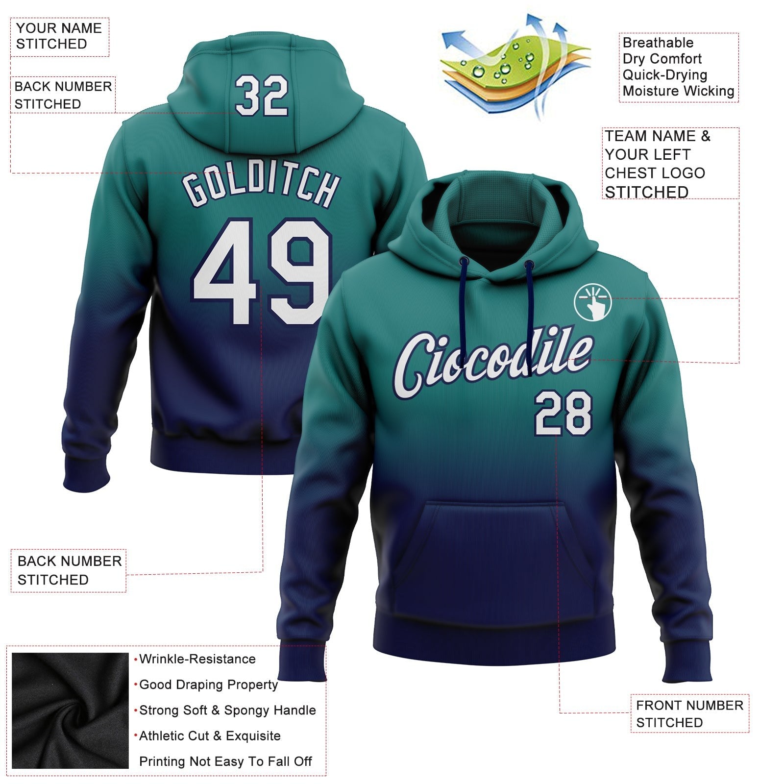 Custom Stitched Teal White-Navy Fade Fashion Sports Pullover Sweatshirt Hoodie photo 2