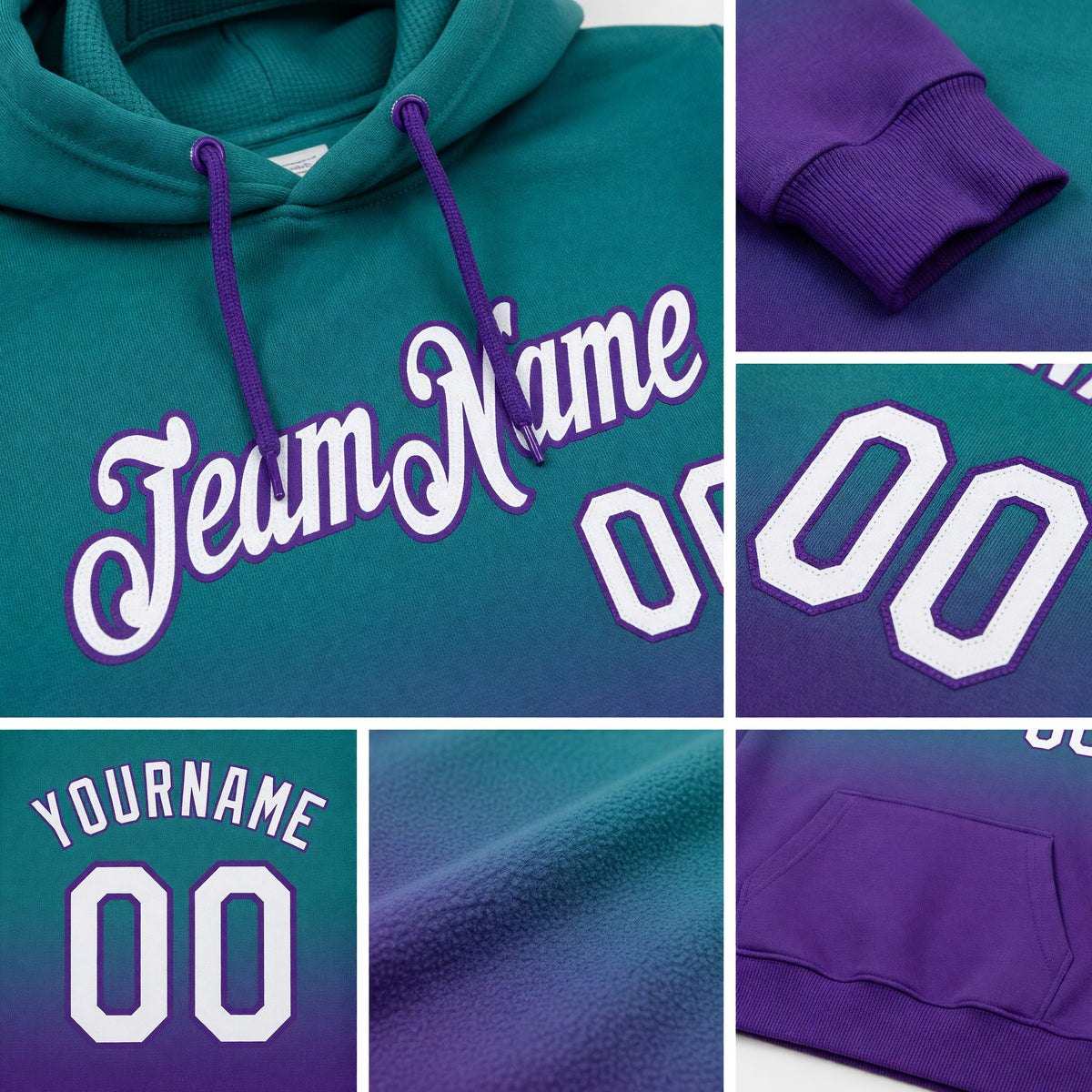 Custom Stitched Teal White-Purple Fade Fashion Sports Pullover Sweatshirt Hoodie detail