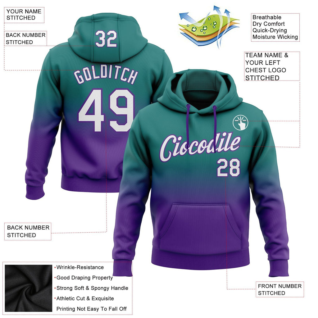 Custom Stitched Teal White-Purple Fade Fashion Sports Pullover Sweatshirt Hoodie photo 2