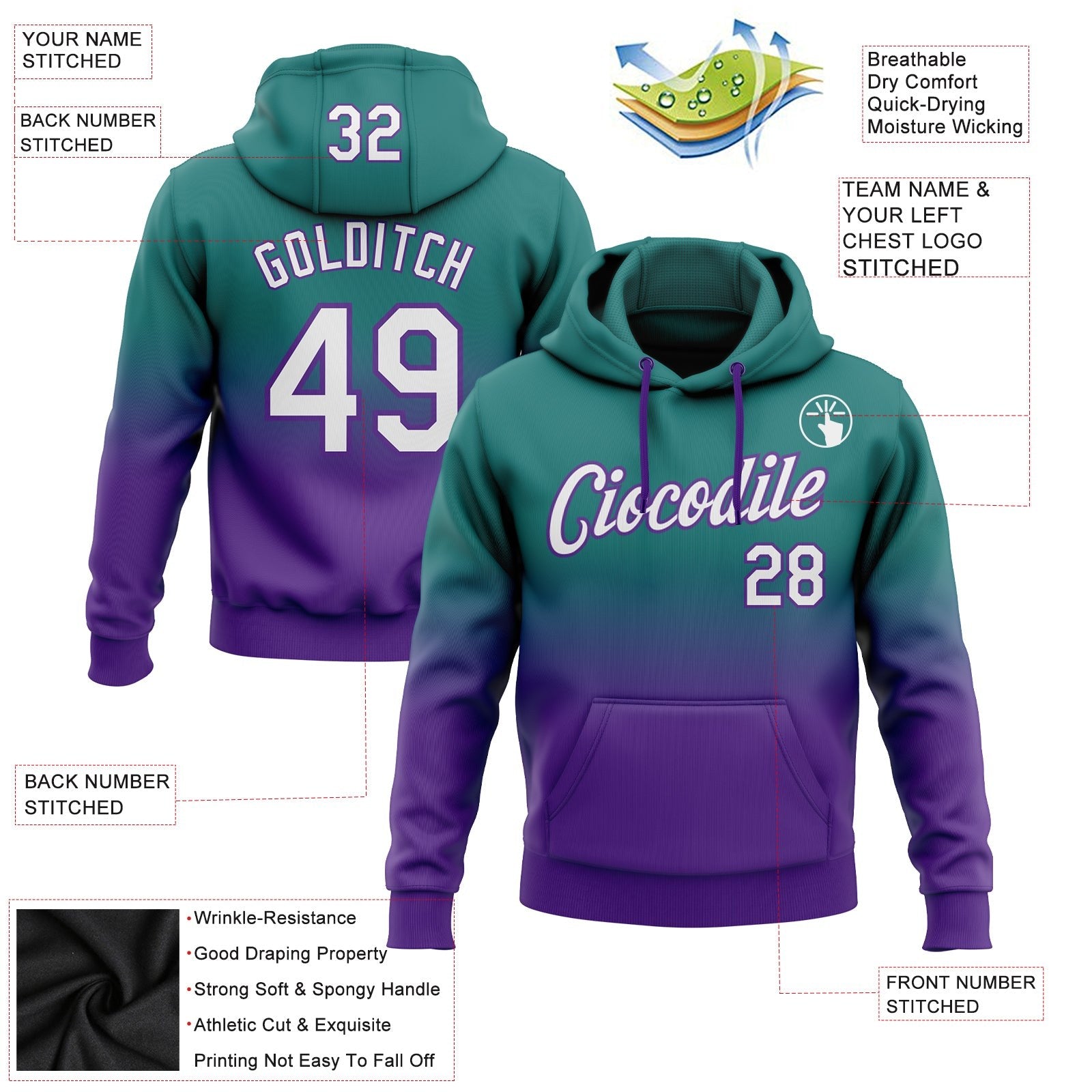 Custom Stitched Teal White-Purple Fade Fashion Sports Pullover Sweatshirt Hoodie photo 2
