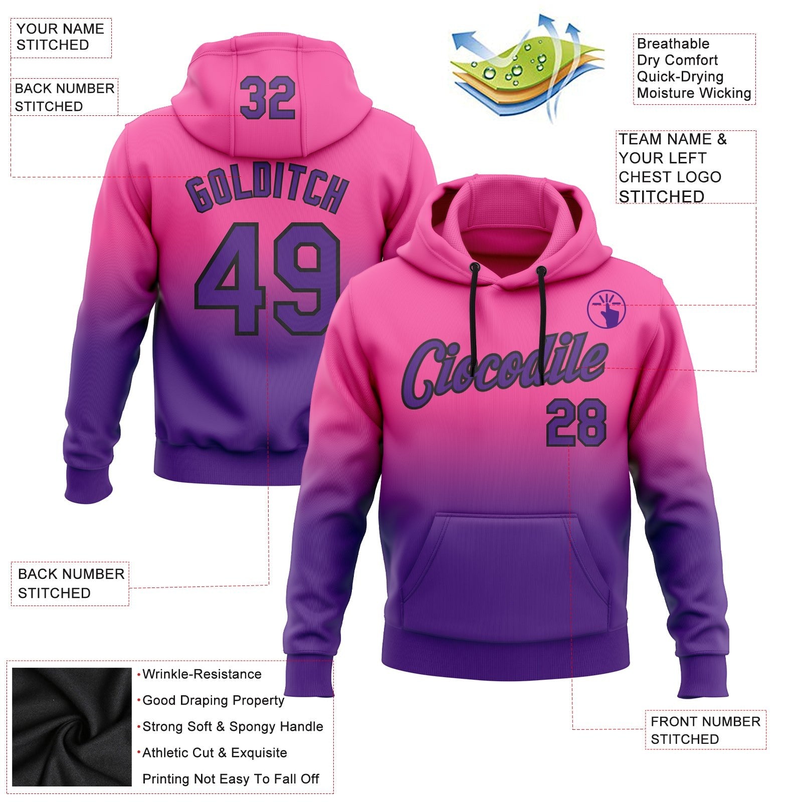 Custom Stitched Pink Purple-Black Fade Fashion Sports Pullover Sweatshirt Hoodie photo 2