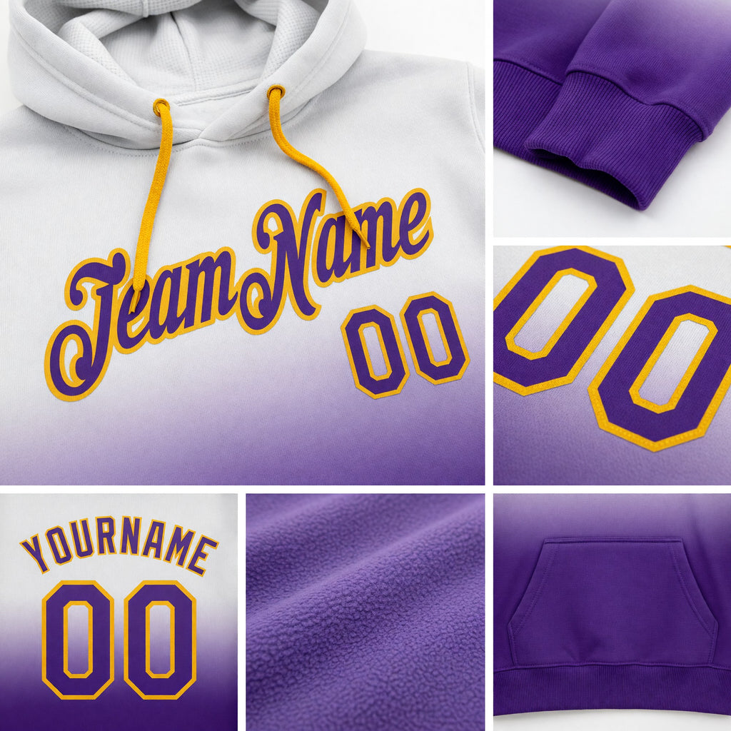 Custom Stitched White Purple-Gold Fade Fashion Sports Pullover Sweatshirt Hoodie detail