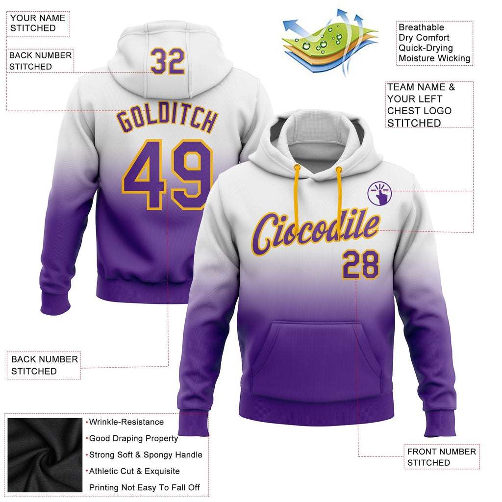 Custom Stitched White Purple-Gold Fade Fashion Sports Pullover Sweatshirt Hoodie photo 2