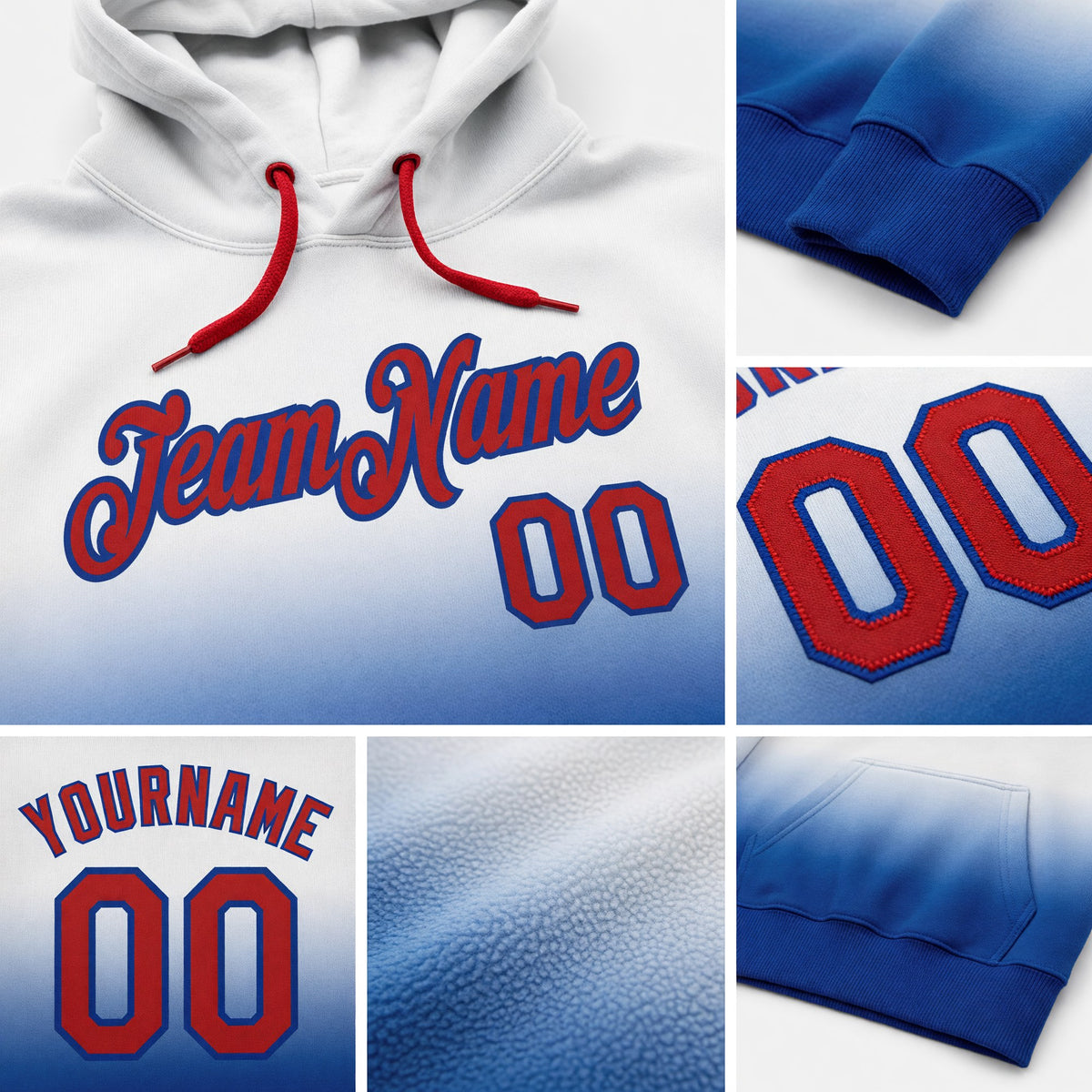 Custom Stitched White Red-Royal Fade Fashion Sports Pullover Sweatshirt Hoodie detail