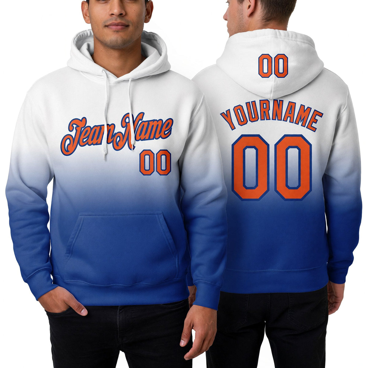 Custom Stitched White Orange-Royal Fade Fashion Sports Pullover Sweatshirt Hoodie worn front and back