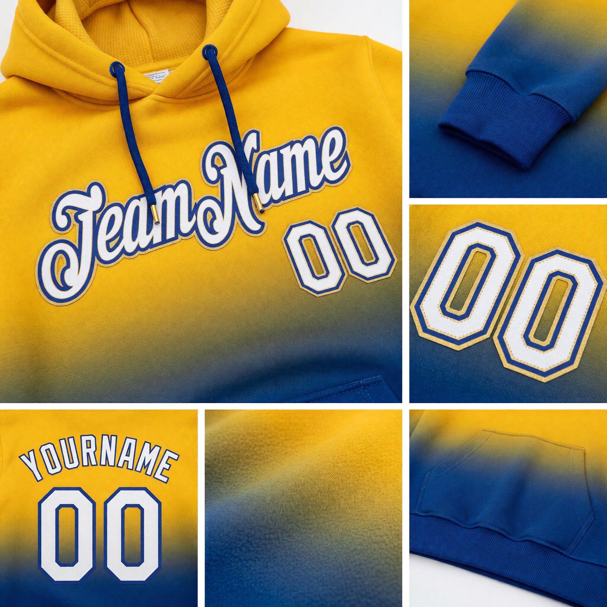 Custom Stitched Gold White-Royal Fade Fashion Sports Pullover Sweatshirt Hoodie detail