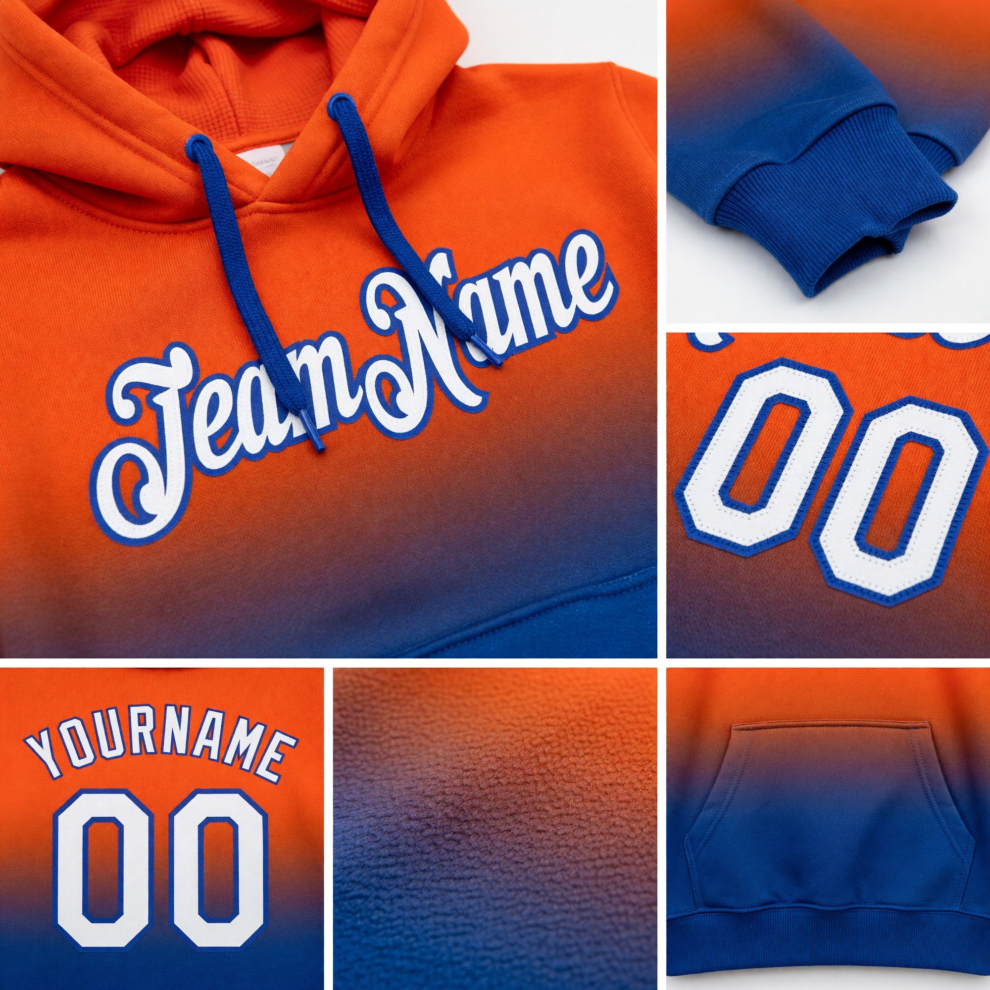 Custom Stitched Orange White-Royal Fade Fashion Sports Pullover Sweatshirt Hoodie detail