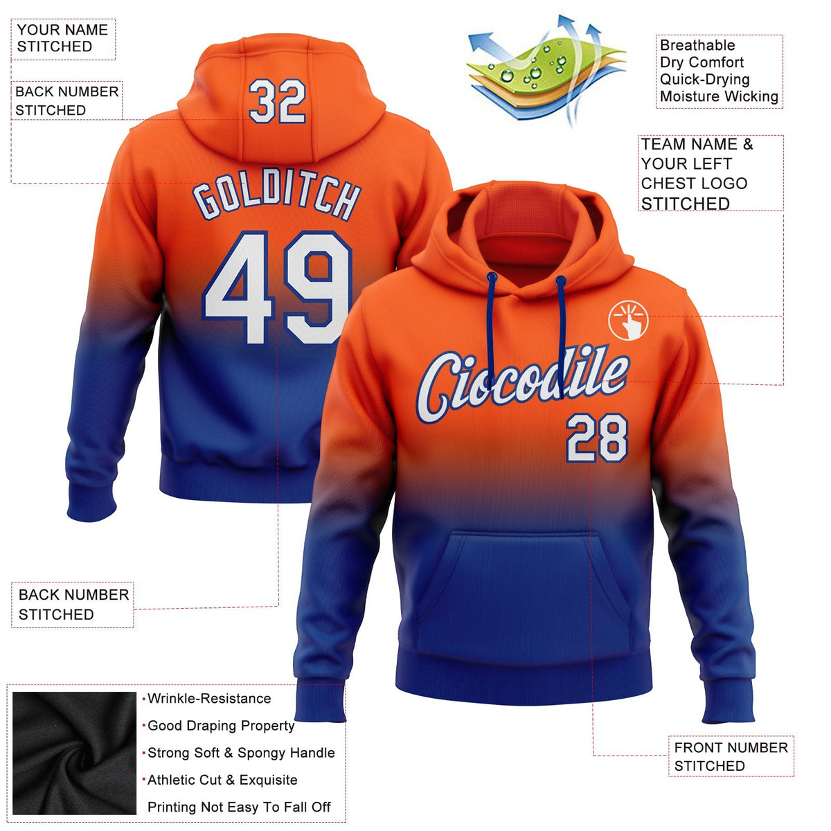 Custom Stitched Orange White-Royal Fade Fashion Sports Pullover Sweatshirt Hoodie photo 2