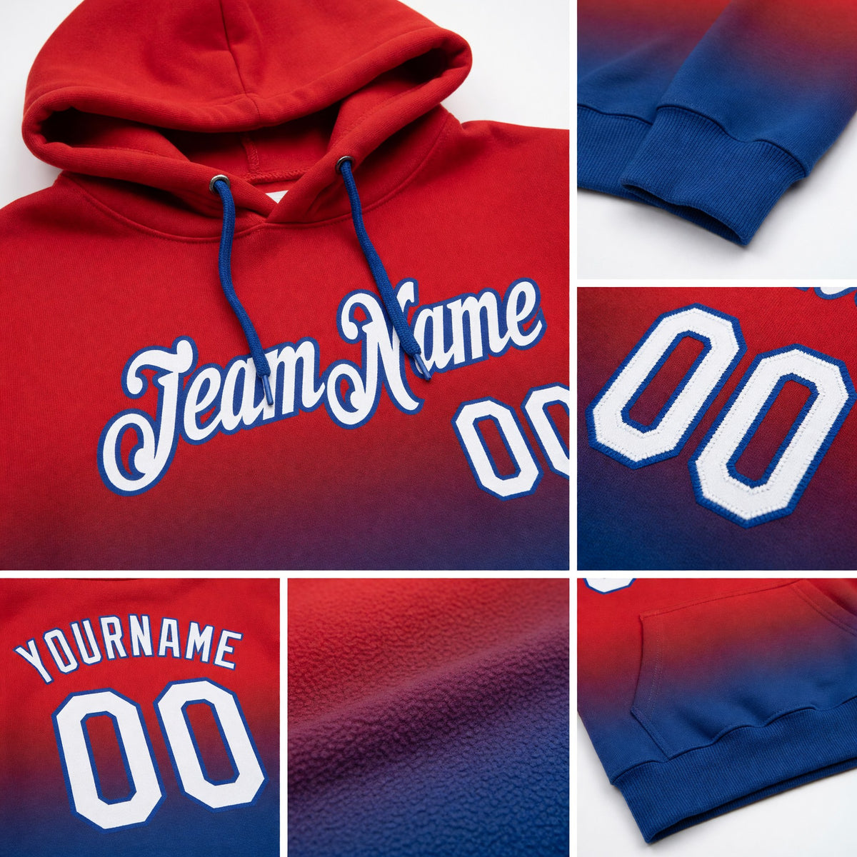 Custom Stitched Red White-Royal Fade Fashion Sports Pullover Sweatshirt Hoodie detail