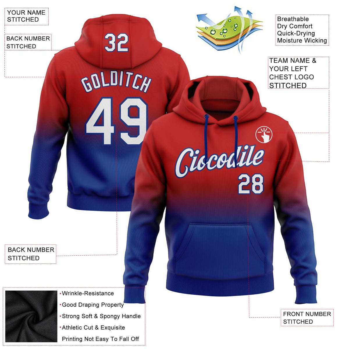 Custom Stitched Red White-Royal Fade Fashion Sports Pullover Sweatshirt Hoodie photo 2