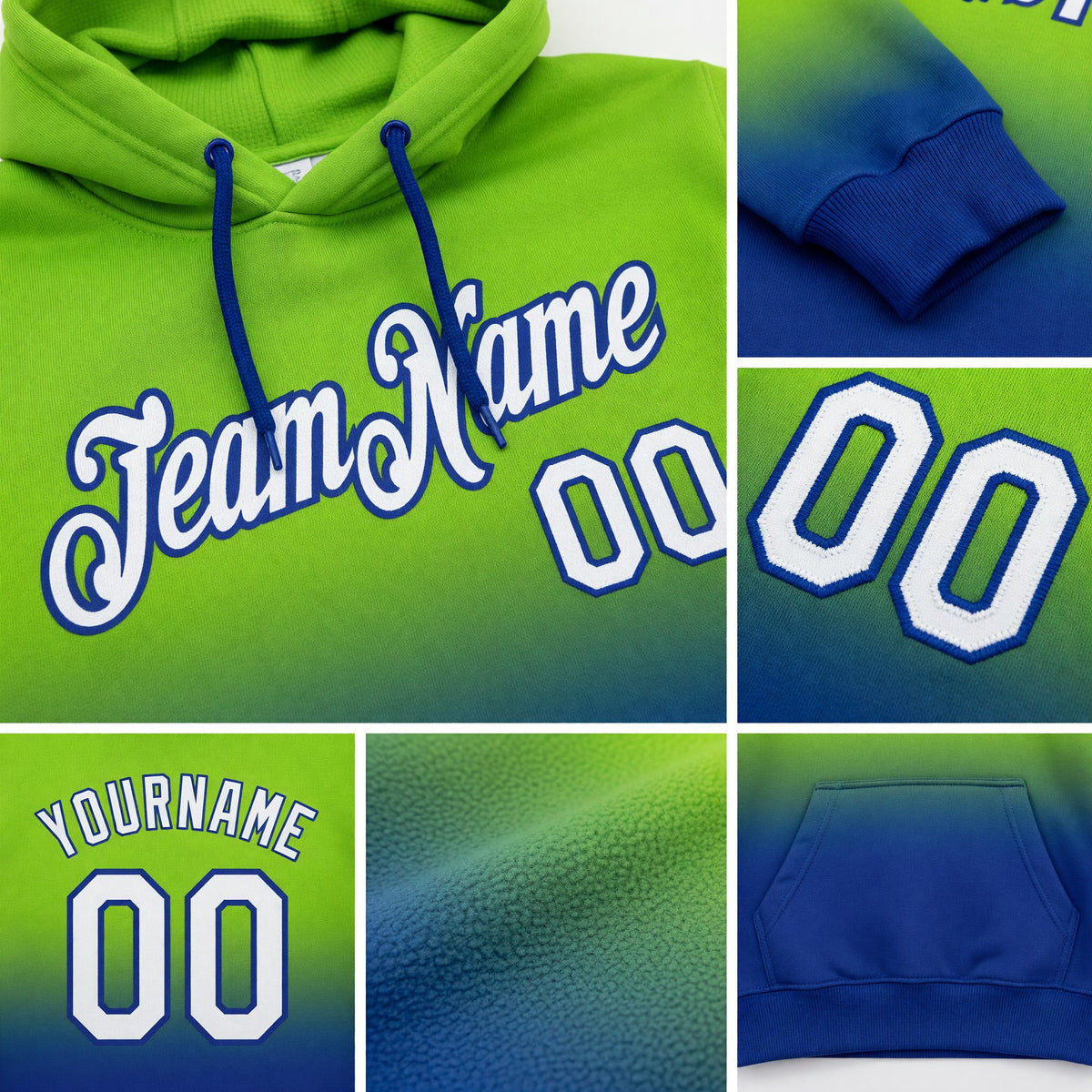 Custom Stitched Neon Green White-Royal Fade Fashion Sports Pullover Sweatshirt Hoodie detail