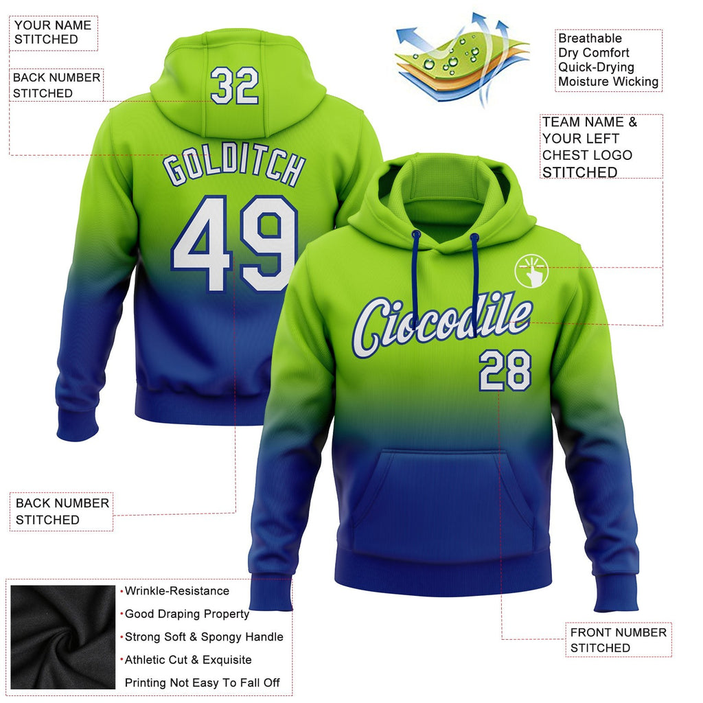 Custom Stitched Neon Green White-Royal Fade Fashion Sports Pullover Sweatshirt Hoodie photo 2
