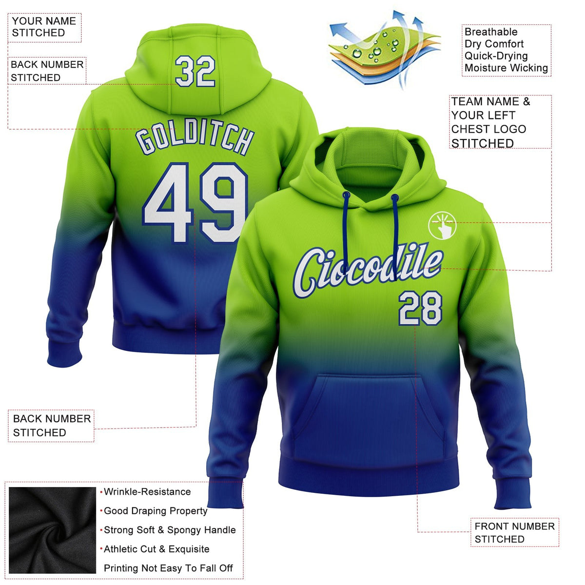 Custom Stitched Neon Green White-Royal Fade Fashion Sports Pullover Sweatshirt Hoodie photo 2