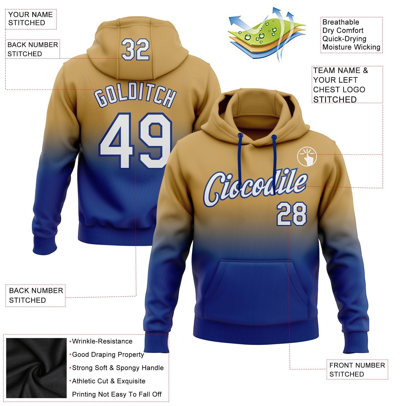 Custom Stitched Old Gold White-Royal Fade Fashion Sports Pullover Sweatshirt Hoodie photo 2