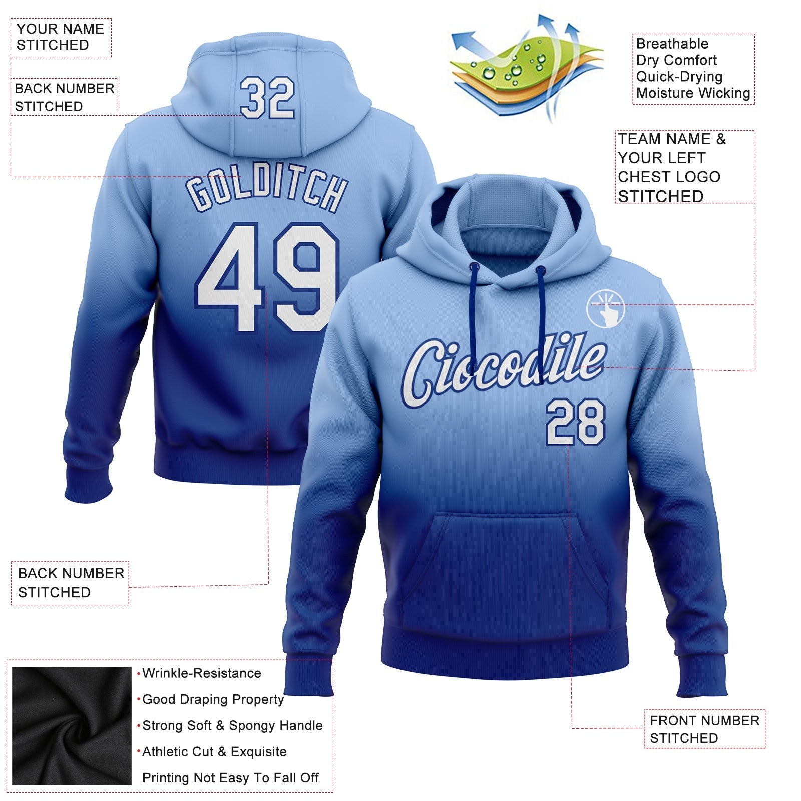 Custom Stitched Light Blue White-Royal Fade Fashion Sports Pullover Sweatshirt Hoodie photo 2