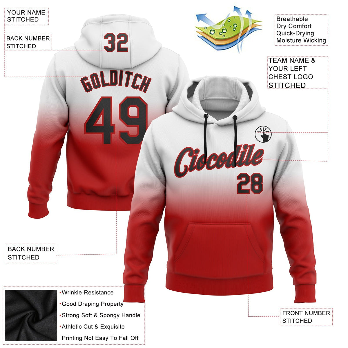 Custom Stitched White Black-Red Fade Fashion Sports Pullover Sweatshirt Hoodie photo 2