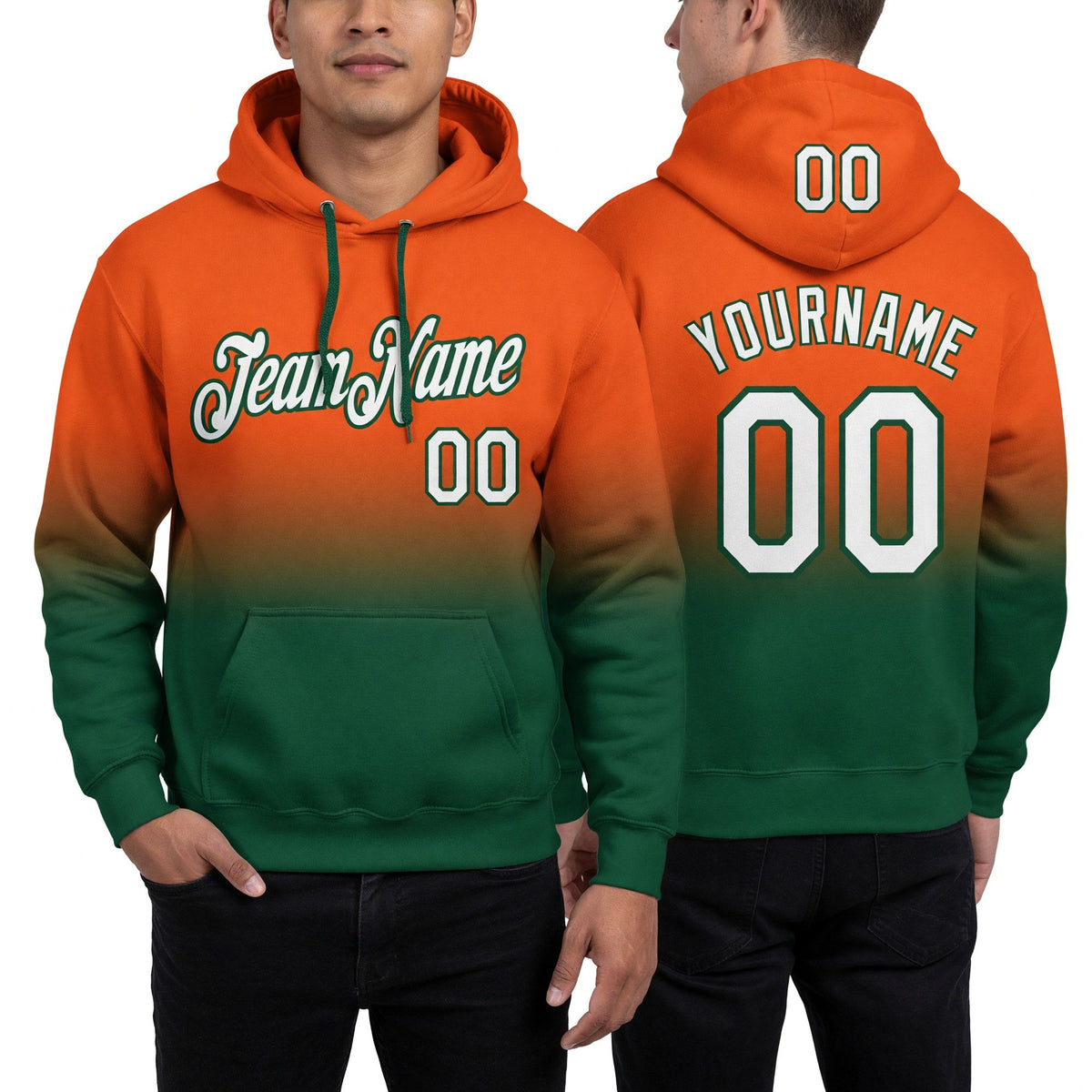 Custom Stitched Orange White-Green Fade Fashion Sports Pullover Sweatshirt Hoodie worn front and back