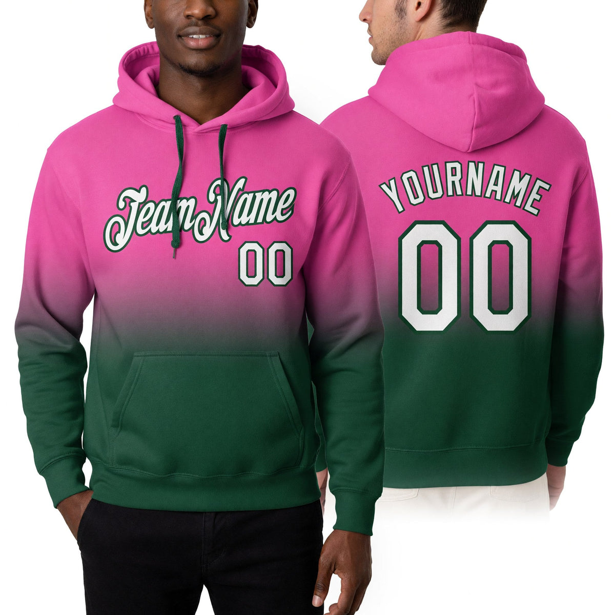 Custom Stitched Pink White-Green Fade Fashion Sports Pullover Sweatshirt Hoodie worn front and back