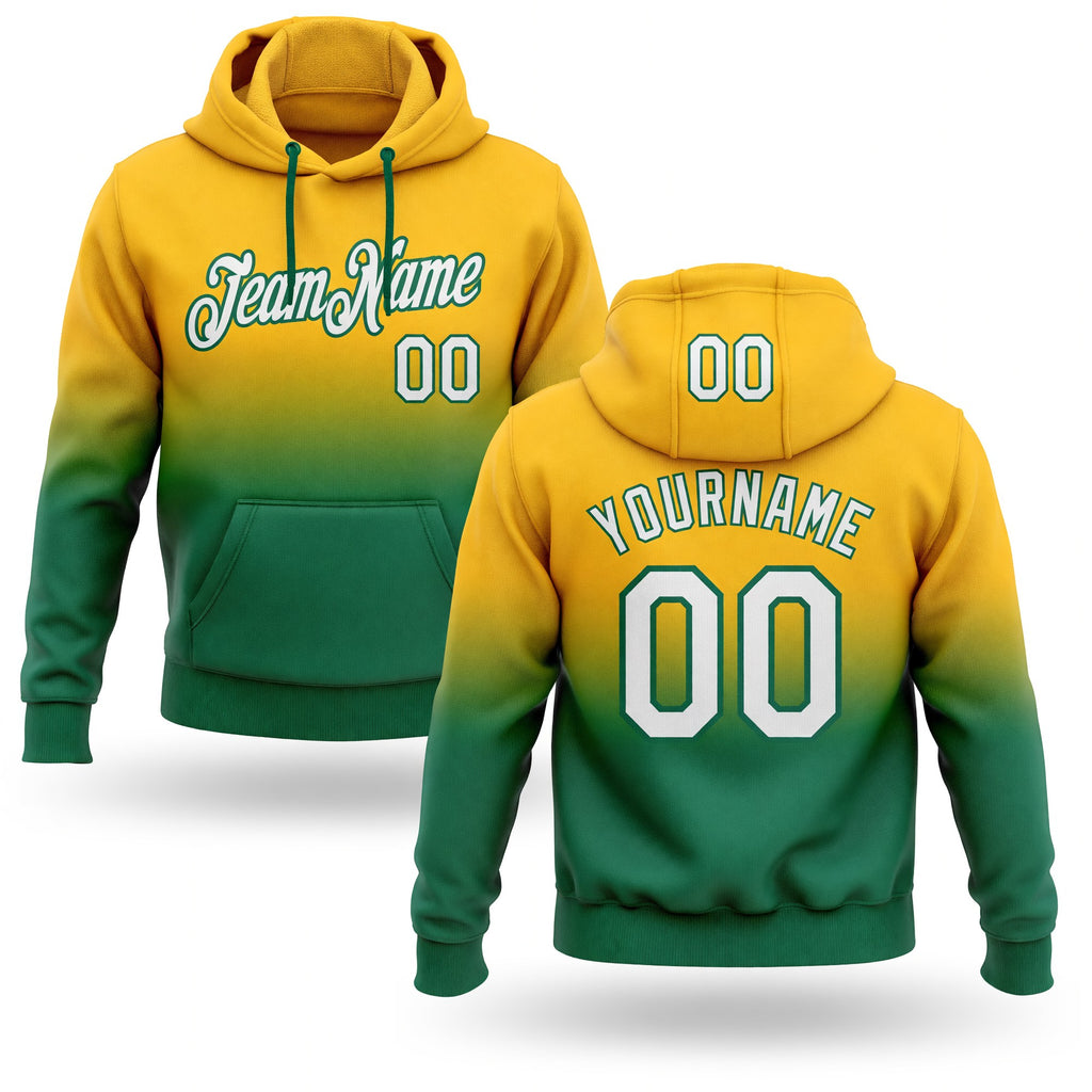 Custom Stitched Gold White-Kelly Green Fade Fashion Sports Pullover Sweatshirt Hoodie