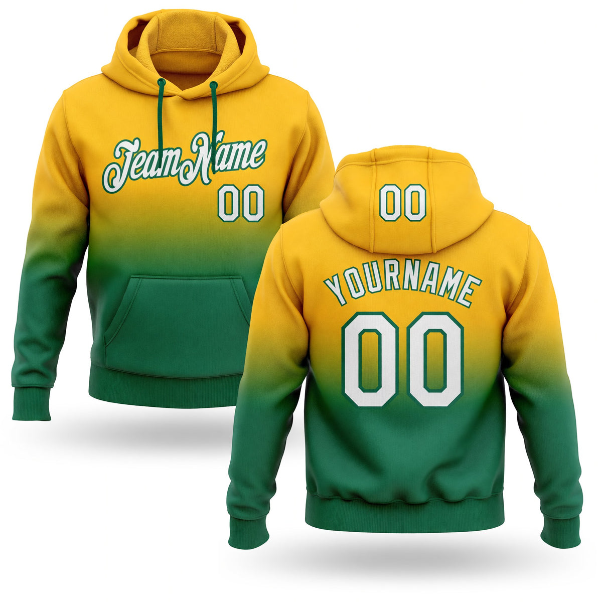 Custom Stitched Gold White-Kelly Green Fade Fashion Sports Pullover Sweatshirt Hoodie